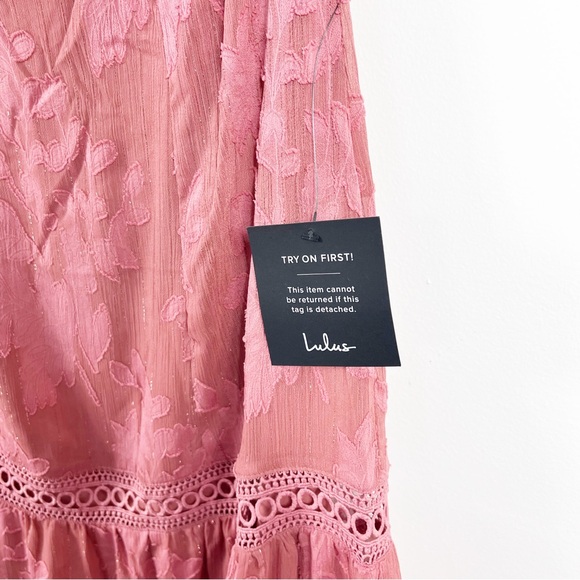 Lulus Floral Lace Up Cap Sleeve Tiered Maxi Dress NWT Marsala Shiny Rose Mauve - Picture 4 of 6